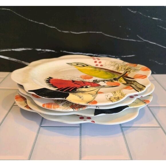 Anthropologie "On Safari" Salad Plates Scalloped Edge Birds Set of 4, Y2K EUC - Picture 7 of 10
